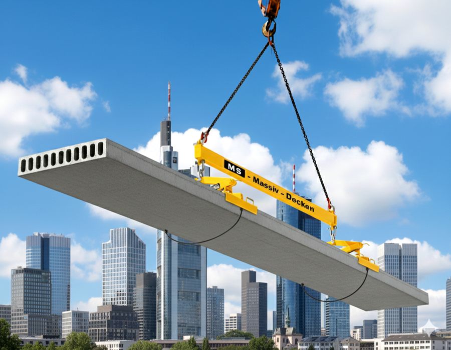 Spannbeton-Hohlplatte am Kran in Frankfurt mit Stadtsilhouette