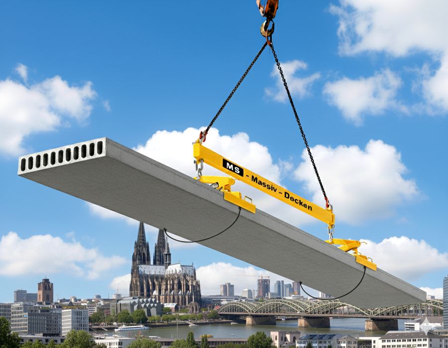 Spannbeton-Hohlplatte am Kran in Köln mit Kölner Dom im Hintergrund
