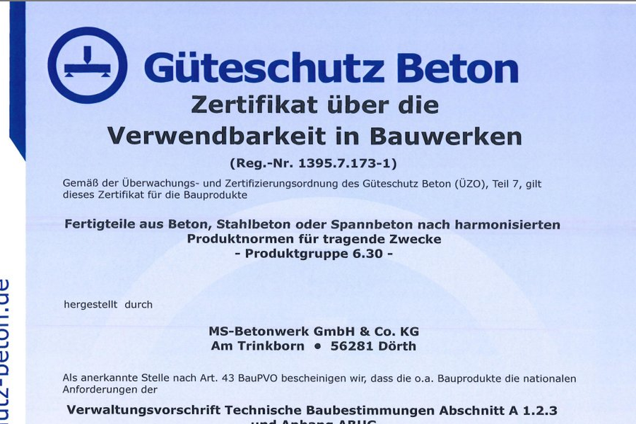 Güteschutz Beton Zertifikat Verwendbarkeit in Bauwerken